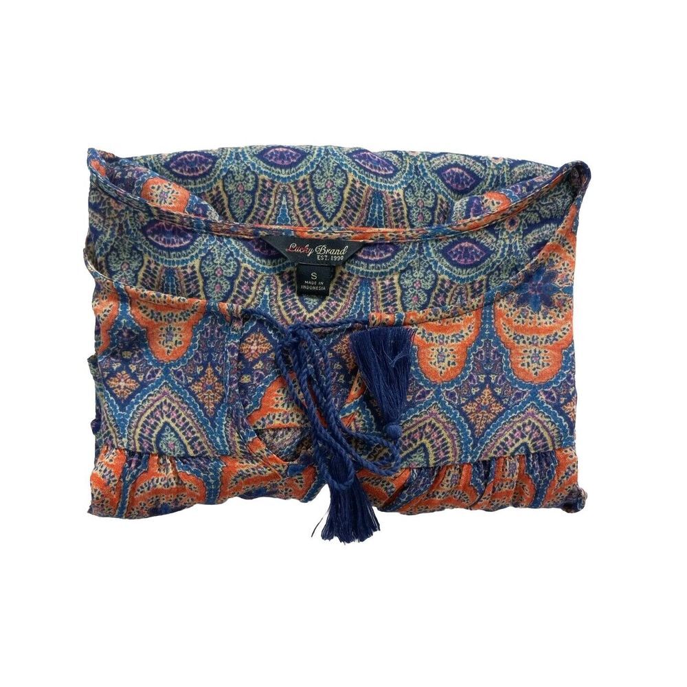 Lucky Brand Women Small Paisley‎ Aztec Tassels Stretch Blue Orange Blouse